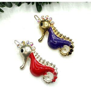 Vintage hair barrettes Seahorse Brooch Pair With Rhinestones and Enamel Coating